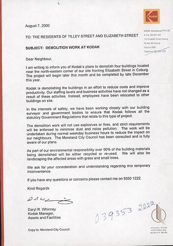 Letter - Kodak Australasia Pty Ltd to Residents of Tilley St & Elizabeth St, 'Demolition Work At Kodak',  Coburg, 7 Aug 2000