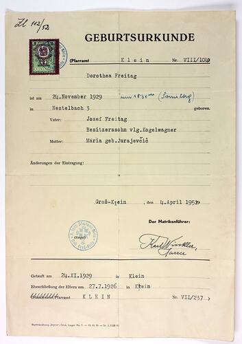 Birth Statement - Dorothea Freitag, Klein, Austria, 4 Apr 1952