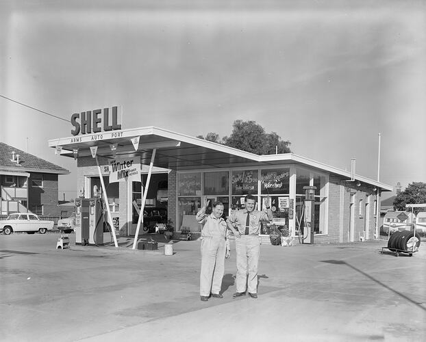 Shell Co, Men Outside a Service Station, Essendon, Victoria, 21 Jul 1959