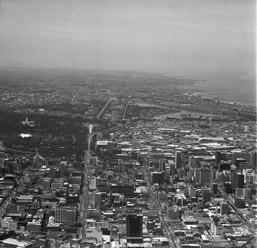 Monochrome aerial photograph of Melbourne.