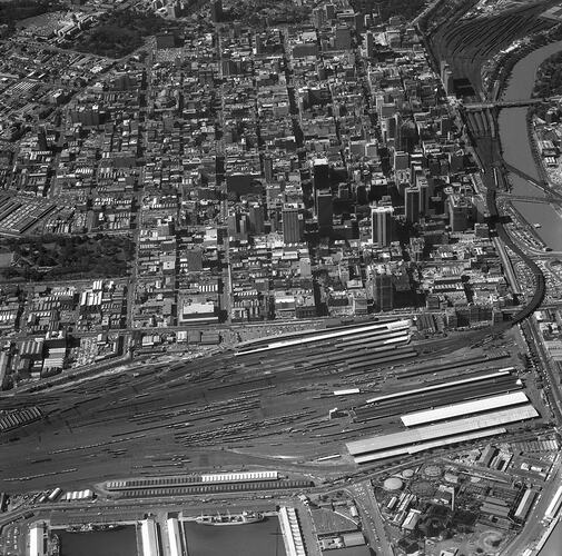 Monochrome aerial photograph of Melbourne.