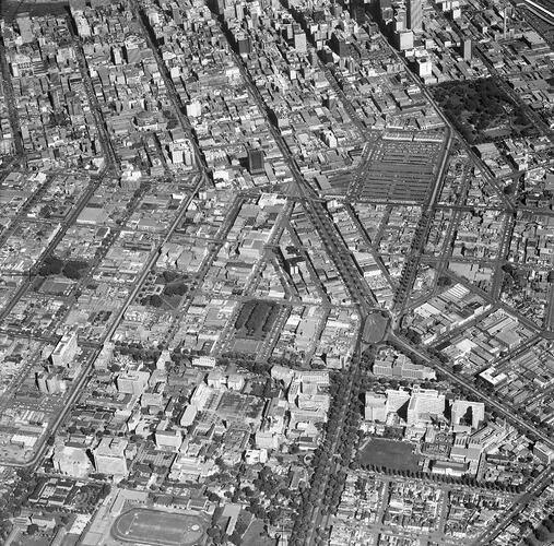 Monochrome aerial photograph of Melbourne.