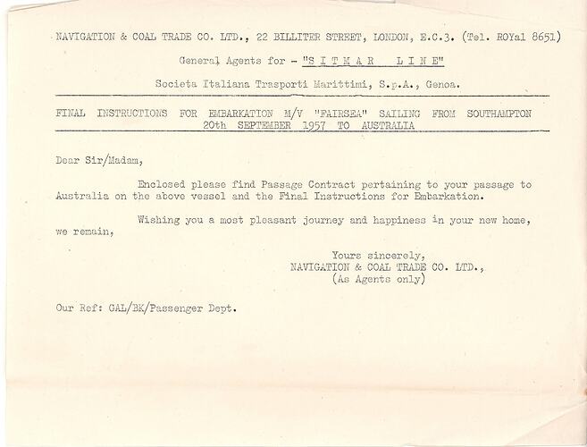 Letter - British Assisted Passage Scheme, John & Barbara Woods, Navigation & Coal Trade Co., London, Sep 1957