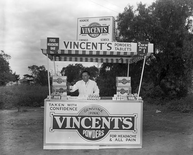 Vincent's Powders, Man with a Mobile Stall, Victoria, 04 Nov 1959