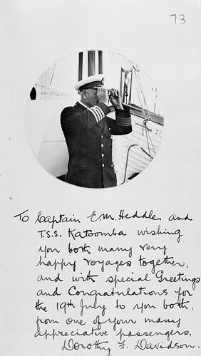 Ship's captain looking through his binoculars with writing underneath.