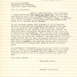Letter - Dorothy Howard, to Charles Mountford, Letter of Introduction & Request for Additional Information about Indigenous Children's Games, circa Oct 1954
