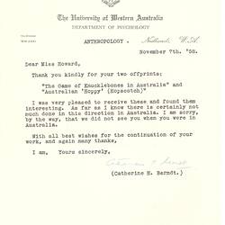 Letter - Catherine H. Berndt, to Dorothy Howard, Receipt of Dr Howard's Publications, 7 Nov 1958