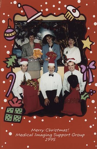 Group photograph inside border of Christmas-themed illustrations.