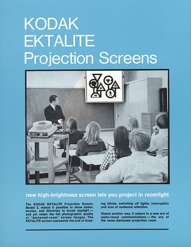 Printed blue page with photograph of classroom.