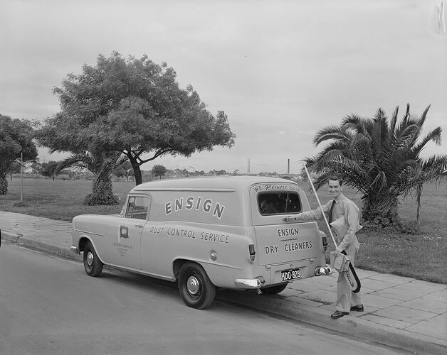 Man with Dry Cleaning Service Van, Northcote, Victoria, 08 Oct 1960
