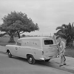 Negative - Man with Dry Cleaning Service Van, Northcote, Victoria, 08 Oct 1960