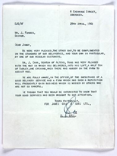 Letter of Commendation - To James Forbes from James Gill & Sons, Aberdeen, Scotland, 29 Apr 1961