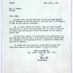 Letter of Commendation - To James Forbes from James Gill & Sons, Aberdeen, Scotland, 29 Apr 1961