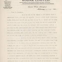 Letter - Thomas Baker to George Eastman, 15 Jan 1911