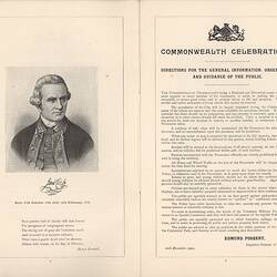 Open booklet, white pages with black printed text. Captain James Cook on left.