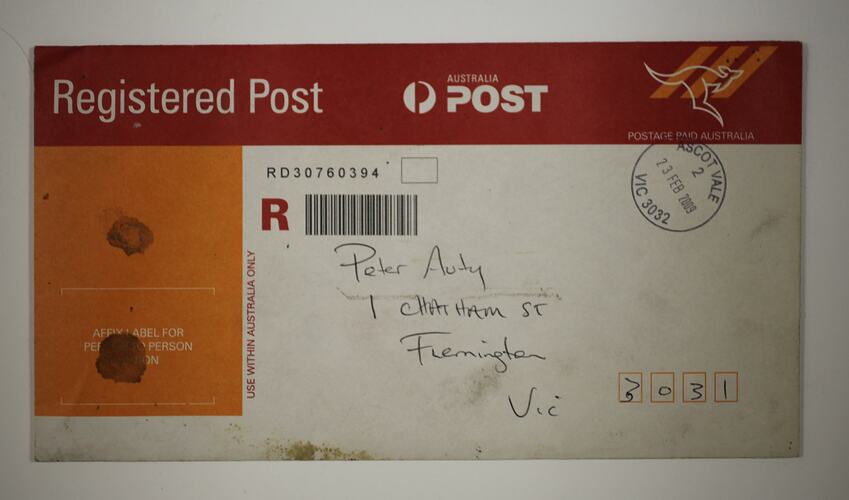 Envelope - Registered Post with Copy of 'No More' Poem by Peter Auty, 23 Feb 2009