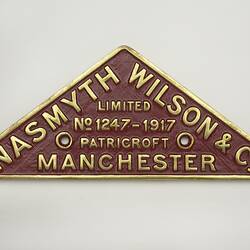 Locomotive Builders Plate - Nasmyth, Wilson & Co. Ltd, Manchester, 1917