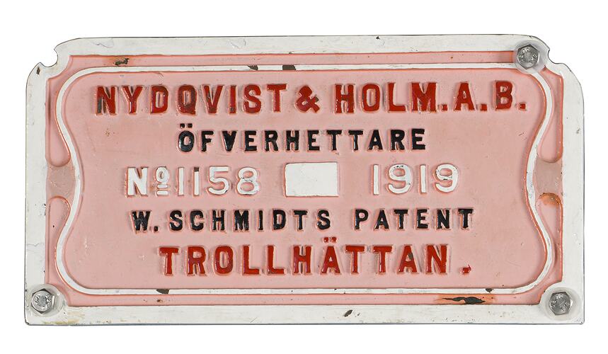 Locomotive Builders Plate - Nydqvist & Holm, 1919