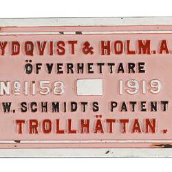 Locomotive Builders Plate - Nydqvist & Holm, Trollhattan, Sweden, 1919