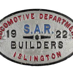 Locomotive Builders Plate - South Australian Railways, 1922
