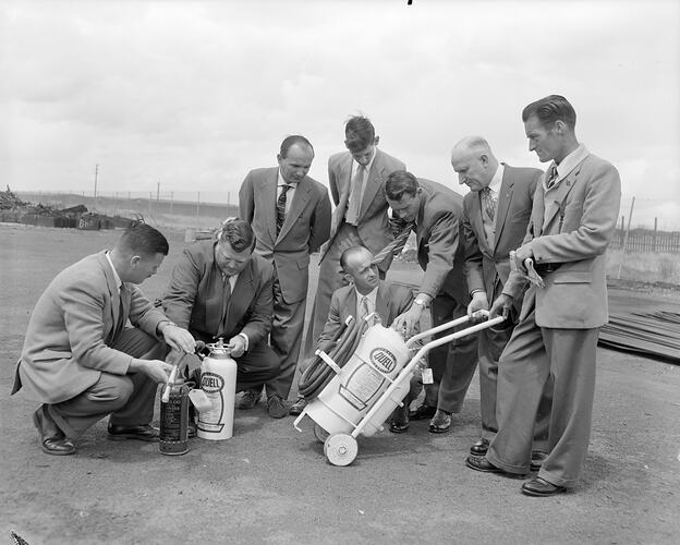 Group of Men with Fire Extinguishers, Fishermen's Bend, Victoria, Nov 1958