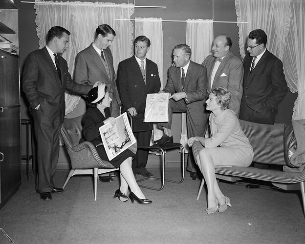 Group of People Discussing Curtain Products, Melbourne, Victoria, Sep 1958