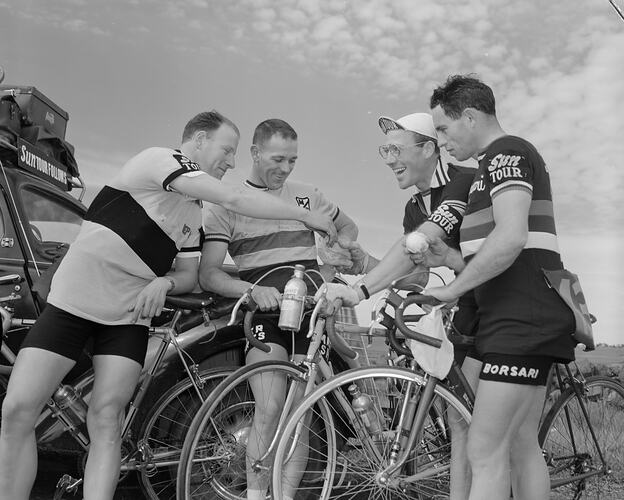 Group of Cyclists with Bicycles, Herald Sun Tour, Victoria, Oct 1958
