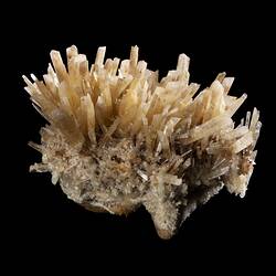 Cluster of flat, straight, creamy crystals.