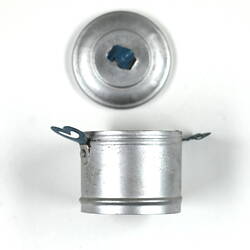 Side view tiny aluminium pot, lid detached.