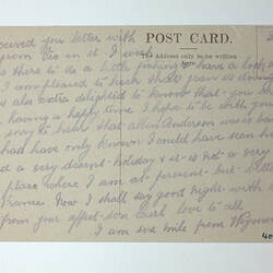 Printed back of postcard with handwriting.