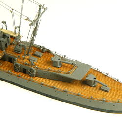 Naval ship with mast, detail of stern.