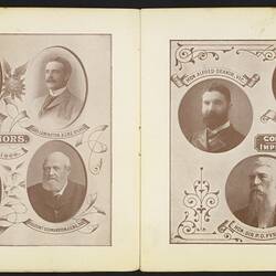 Open booklet, off-white pages. Framed decorative portraits of six men on left page and six men on right page.