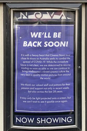 Poster, We'll Be Back Soon, Cinema Nova, Carlton, May 2020
