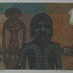 Orange and grey polymer Australian 10 dollar note. Features First Nations youth, a Morning Star Pole, and artw