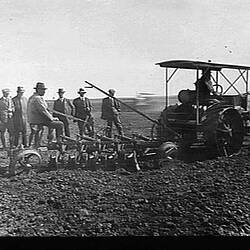 Photograph - H.V. McKay, Group of Men Inspecting a 'Sunshine' Type A Benzene Farm Tractor, Werribee, Victoria, 1918