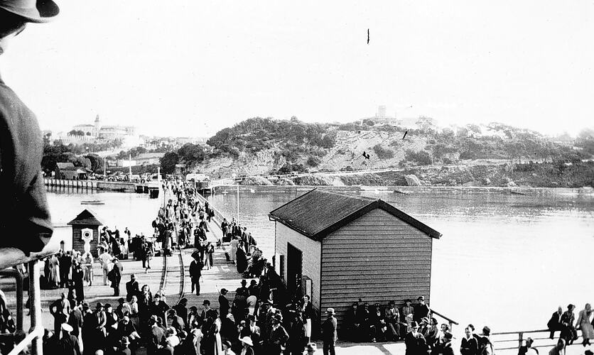 Railway lines and people on pier, Sorrento, 1936.