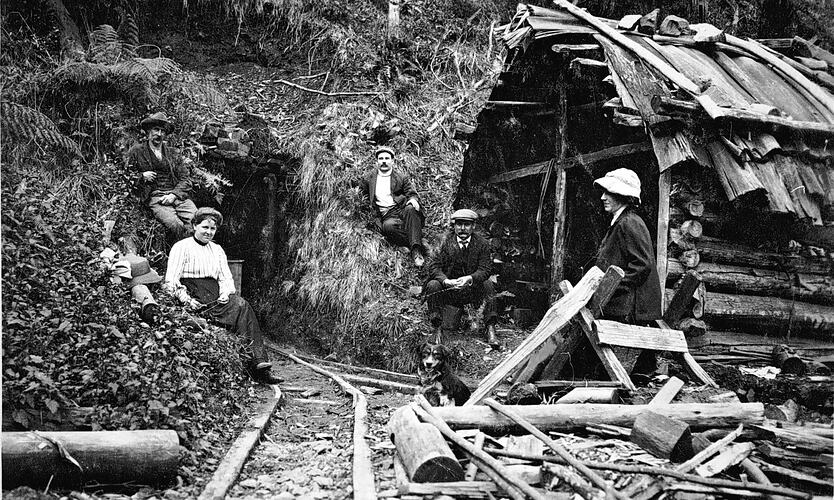 Visitors at the Adit Mouth, Stirling King Mine, Dawson City, Haunted Stream, Victoria, 1911