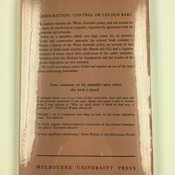 HT 56074, Book - 'Immigration Control or Colour Bar?', Immigration Reform Group, Melbourne 1962 (MIGRATION), Document, Registered