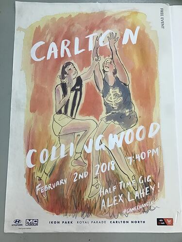 Yellow, pink and purple illustration of two women leaping to mark a football. They wear Collingwood and Carlto