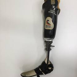 Metal and plastic lower leg prosthetic. Left profile.