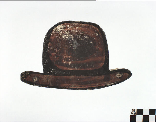 Two-dimensional acrylic drawing of brown bowler hat.