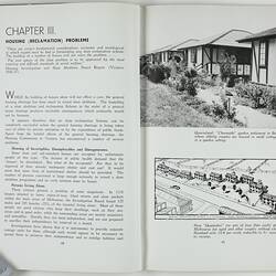 Open booklet with white pages and black printing. Houses and street plan on right page.