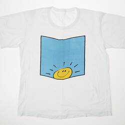 White t-shirt with blue square featuring a yellow smiling 'sunshine' face at base.