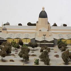 Architectural model of Royal Exhibition Building, Carlton Gardens with fountains, carpark and annexes.