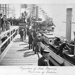 Photograph - 'Departure of Lord Brassey, Governor of Victoria', Boarding Steam Launch, Railway Pier, by A.J. Campbell, Port Melbourne, Victoria, 13 Jan 1900
