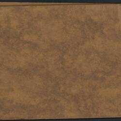 Pocket sized booklet. Back cover is brown mock-leather texture. Stapled.