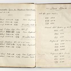 Open book, white pages with handwritten text and drawings of farming equipment.