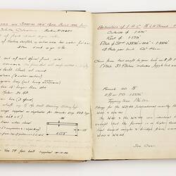 Open book with off white ruled pages. Handwritten text.