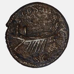 Round coin, ship with sailors rowing right. Text above and below.