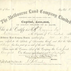 Scrip - Melbourne Land Co Ltd, Issued Victoria, Australia, 31 Aug 1888